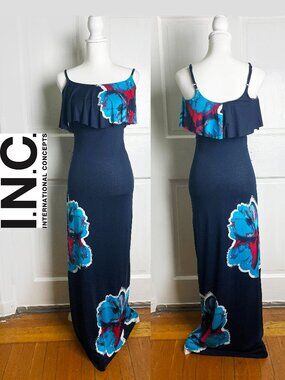 INC International Concepts Blue Floral Ruffle Maxi Dress Size XS EUC